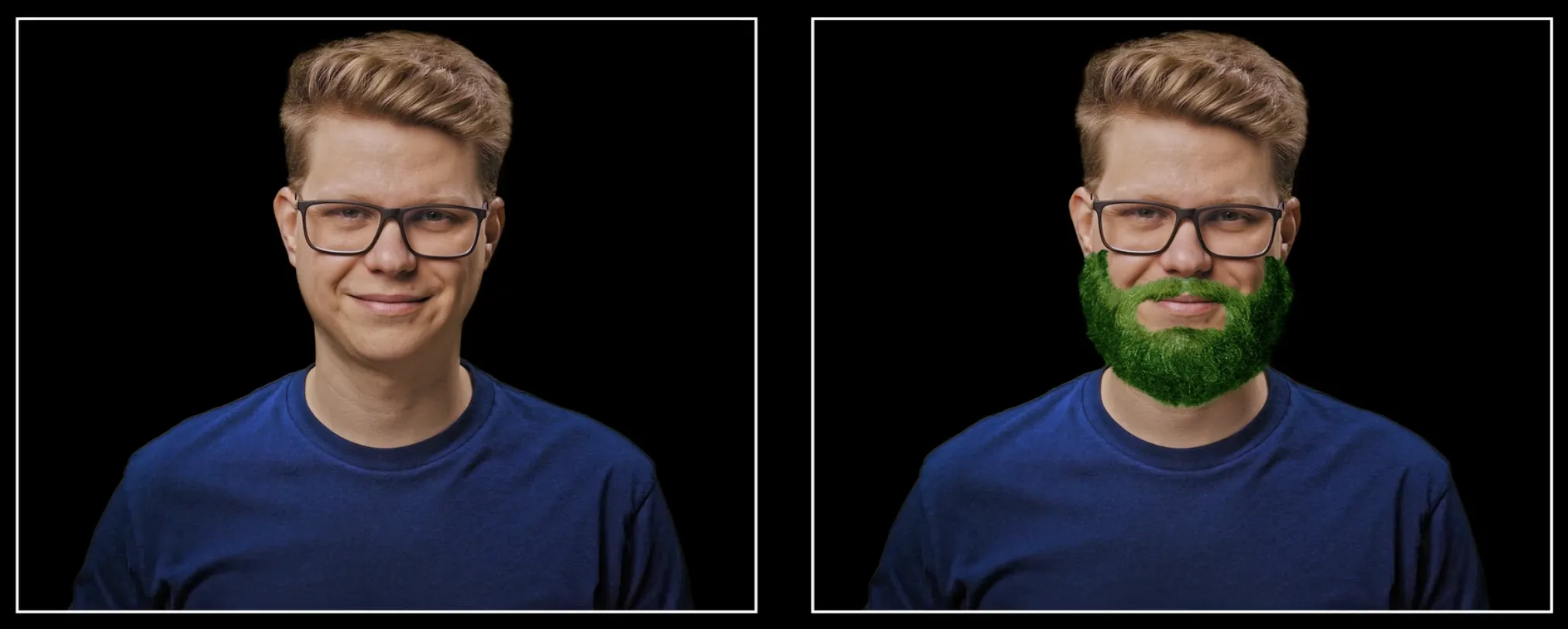 Duas fotos lado a lado do Filipe: na esquerda, sem barba; na direita, com barba pintada de verde, destacando a adição